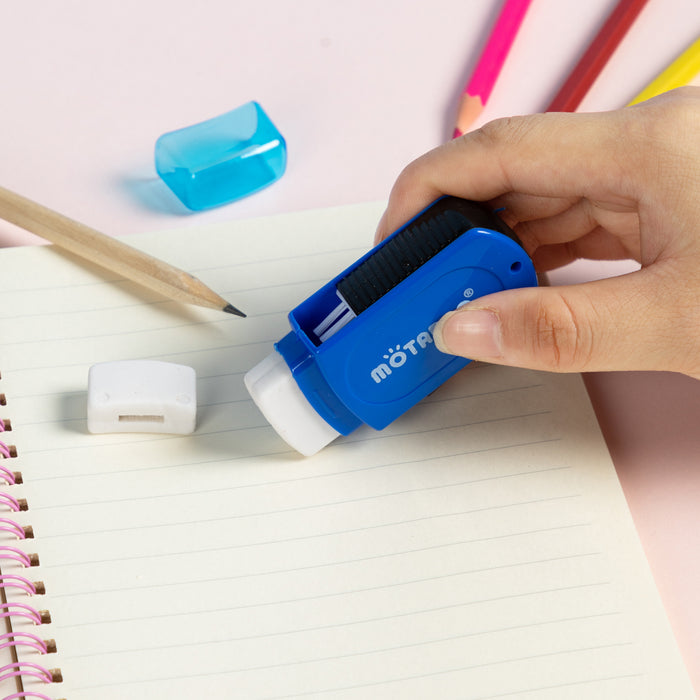 MOTARRO 3-in-1 Pencil Sharpener with Eraser & Cleaning Brush (2-Hole) – Assorted Colours