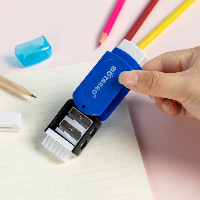 MOTARRO 3-in-1 Pencil Sharpener with Eraser & Cleaning Brush (2-Hole) – Assorted Colours