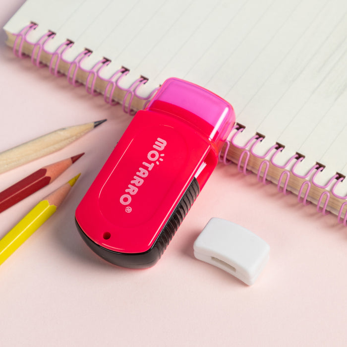 MOTARRO 3-in-1 Pencil Sharpener with Eraser & Cleaning Brush (2-Hole) – Assorted Colours
