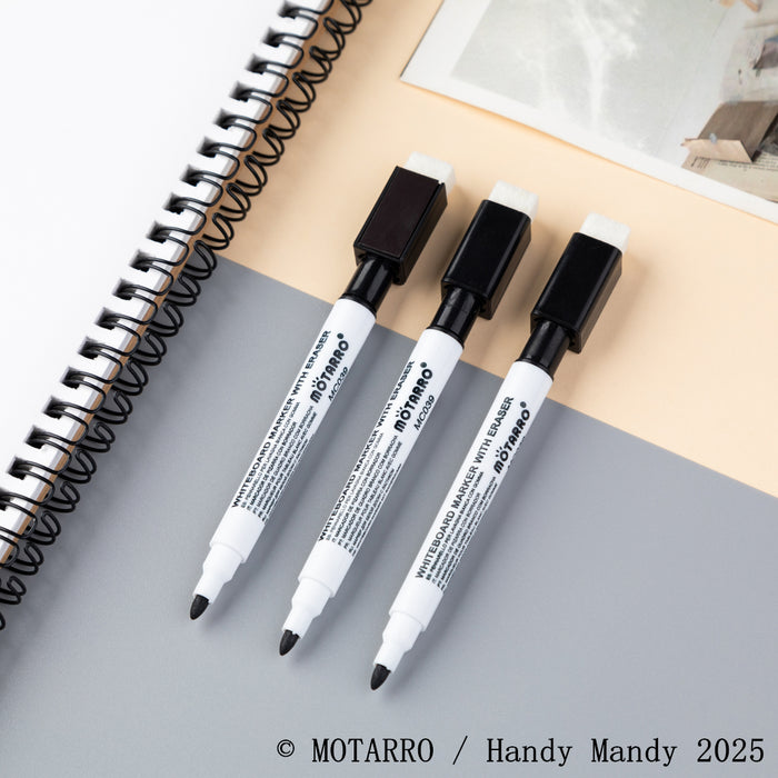 MOTARRO Whiteboard Markers with Eraser – 3 Pack Fine Tip Black | NZ