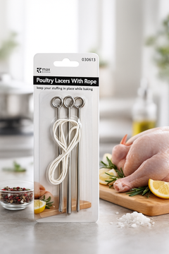 Max Kitchen Poultry Lacers with Cooking Rope | Stainless Steel Trussing Pins for Roasting & Stuffing