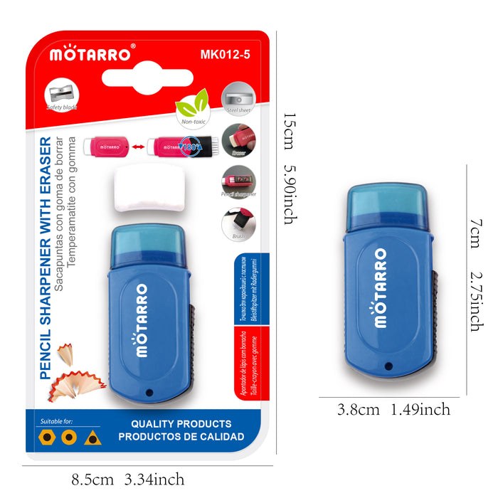 MOTARRO 3-in-1 Pencil Sharpener with Eraser & Cleaning Brush (2-Hole) – Assorted Colours