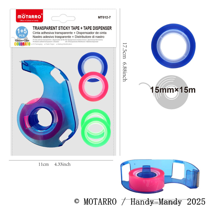 MOTARRO Sticky Tape + Dispenser Set – 6 Pack (15mm x 15m Rolls)