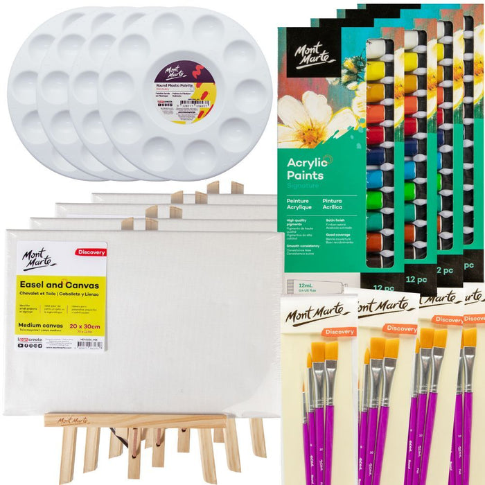 A 76-piece art supply set laid out: acrylic paints, canvases, brushes and easels
