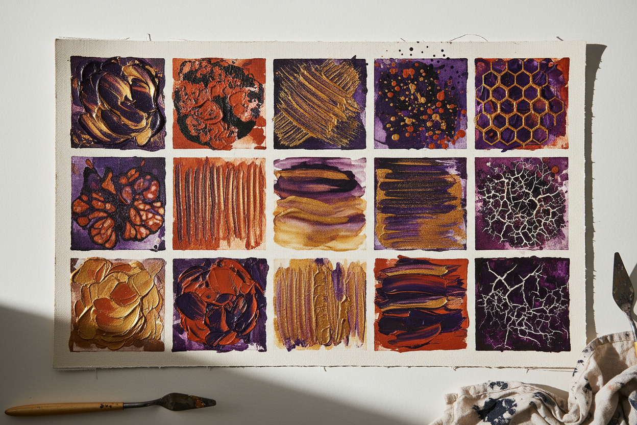 Grid of fifteen painted texture swatches in deep purple, gold and rust on cream canvas — Handy Mandy NZ texture techniques guide cover