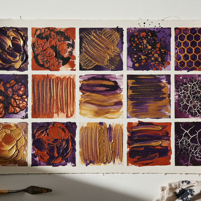 Grid of fifteen painted texture swatches in deep purple, gold and rust on cream canvas — Handy Mandy NZ texture techniques guide cover