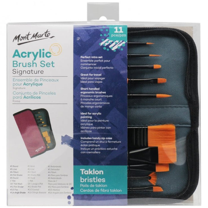 Eleven-piece acrylic brush set in a roll-up wallet for a home art studio