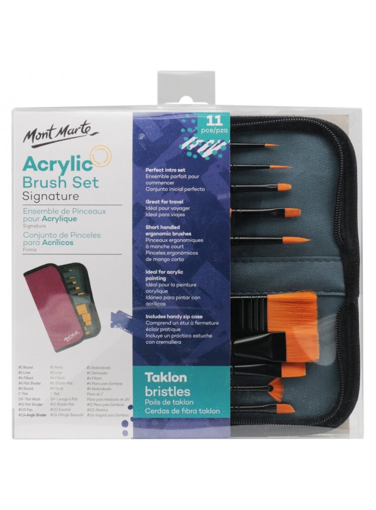 Eleven-piece acrylic brush set in a roll-up wallet for a home art studio