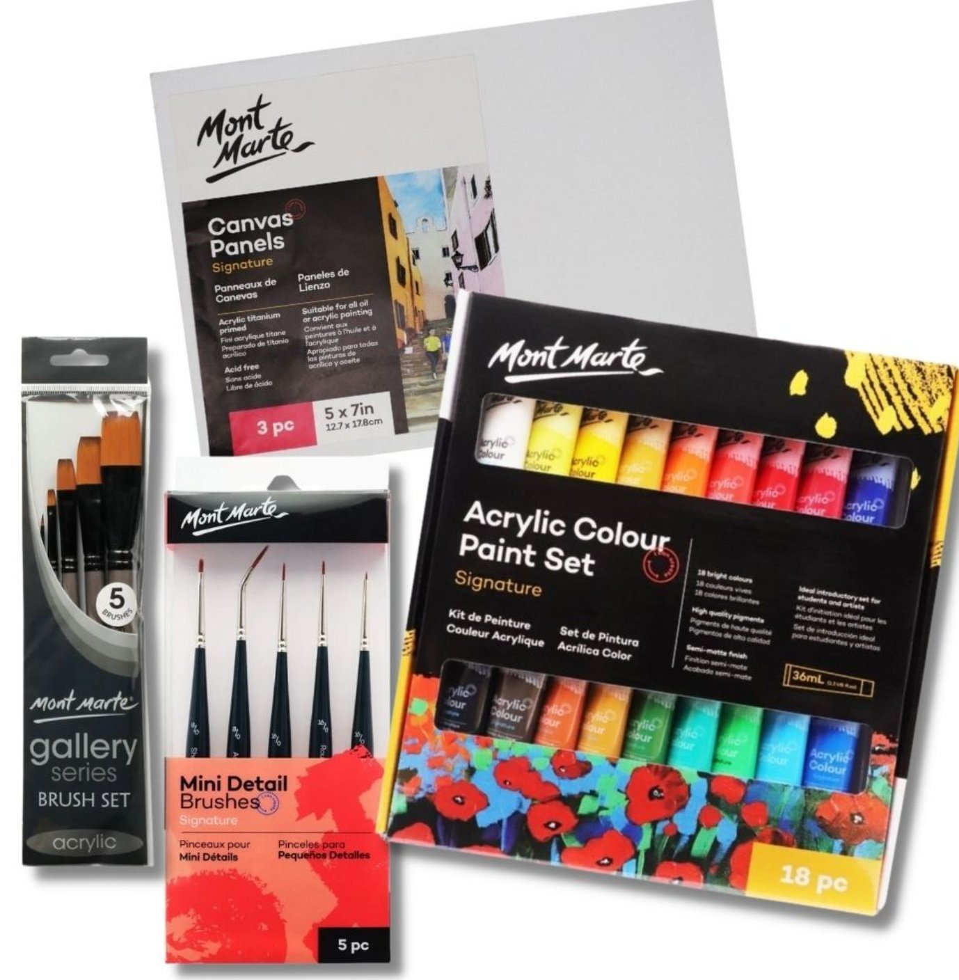 Acrylic paint beginner set with 18 paints, 10 brushes and a canvas, as a gift idea
