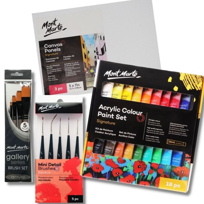 Acrylic paint beginner set with 18 paints, brushes and canvas