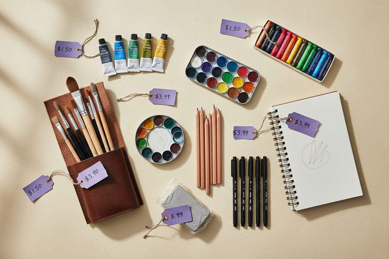 Flat lay of small craft supplies with price tags: paint tubes, brushes, pencils, sketchbook and pastels