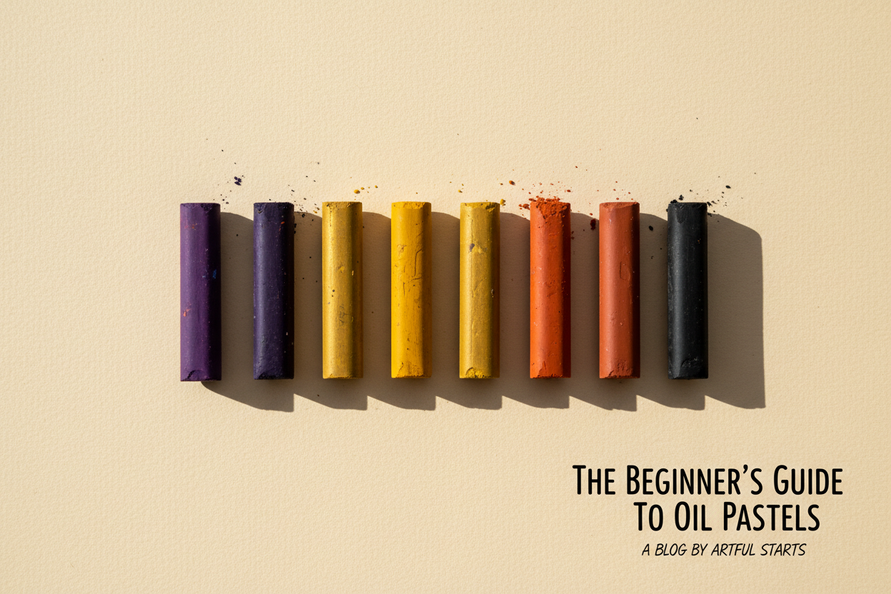Eight vivid oil pastel sticks in a row: purple, gold, rust and black on cream paper