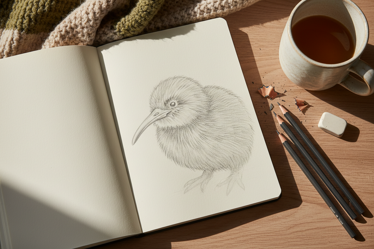 Open sketch pad with a half-finished kiwi bird pencil drawing, pencils and eraser beside it