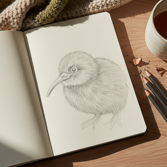 Open sketch pad with a half-finished kiwi bird pencil drawing, pencils and eraser beside it