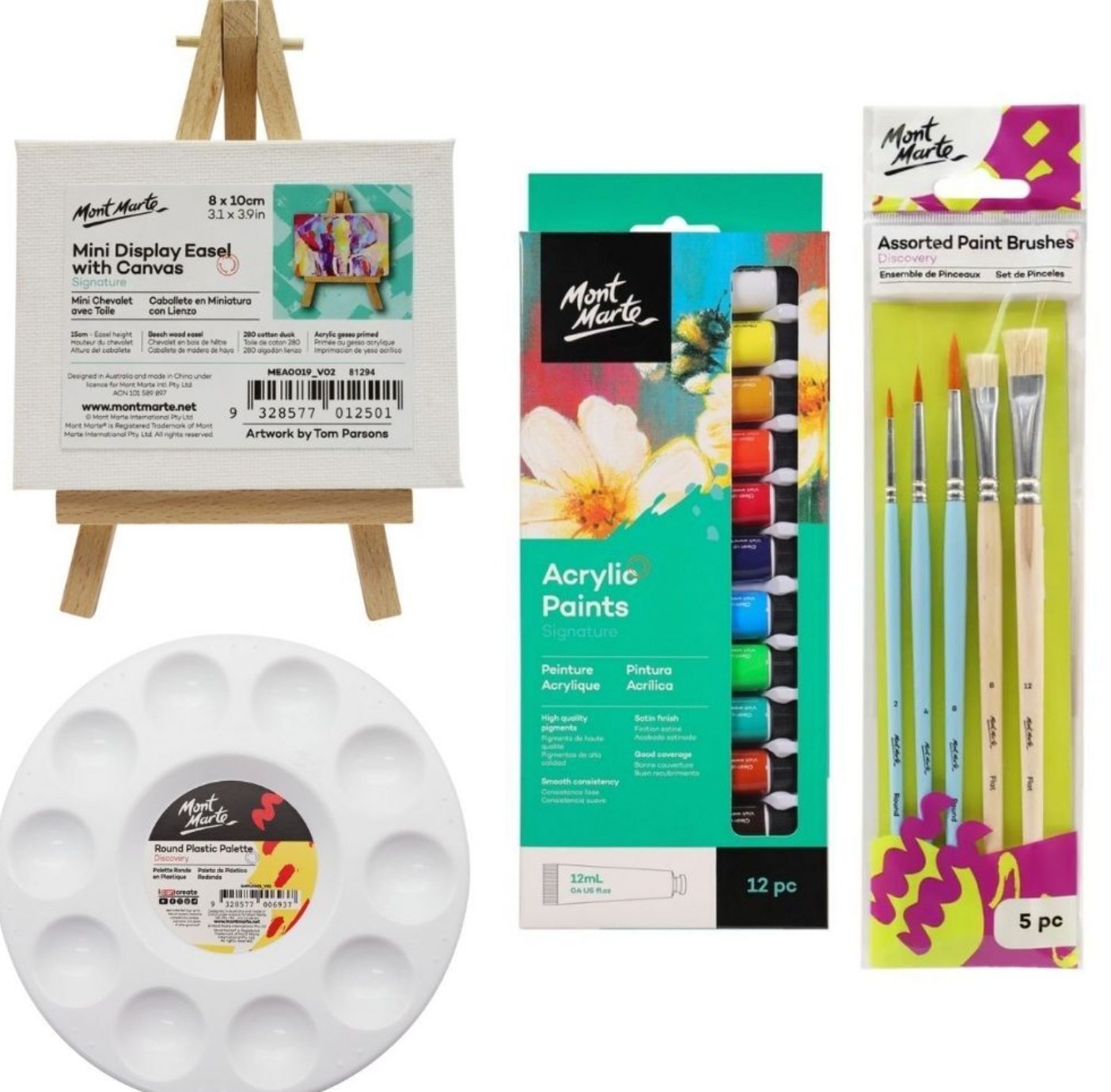 Mini acrylic painting starter set with a tabletop easel, canvas and brushes