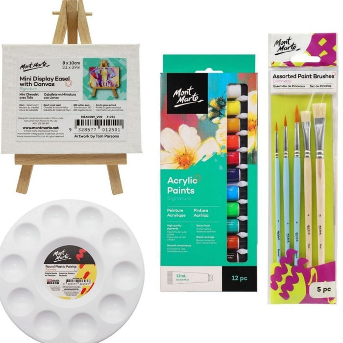 Mini acrylic painting starter set with a tabletop easel, canvas and brushes