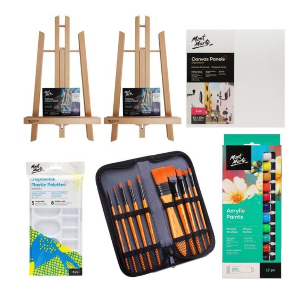Acrylic painting beginner kit for two, with paints, brushes and canvases laid out