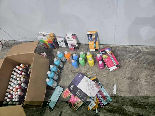 Mont Marte art supplies laid out ready for the Special Children's Christmas Party art tables