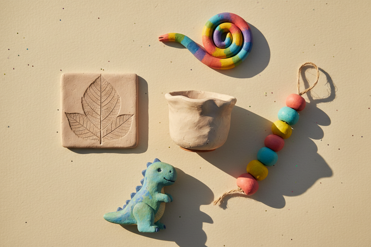 Finished air-dry clay projects: a pinch pot, stamped leaf tile, dinosaur figurine and painted clay beads