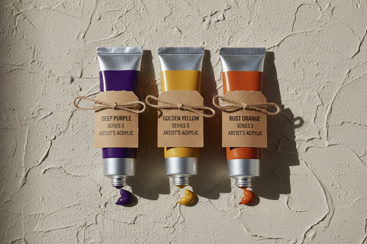 Three acrylic paint tubes side by side in purple, gold and rust with kraft paper labels