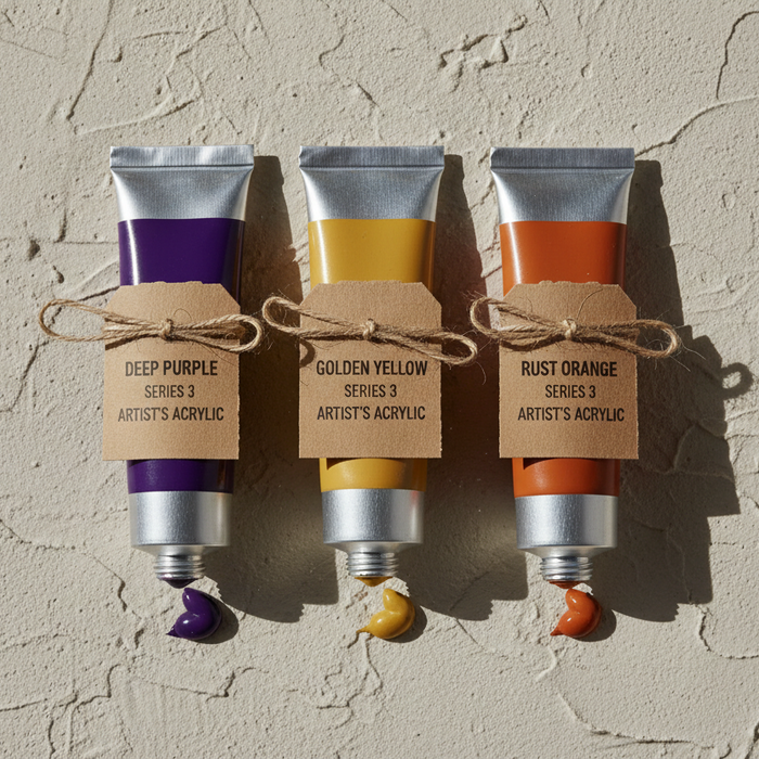Three acrylic paint tubes side by side in purple, gold and rust with kraft paper labels
