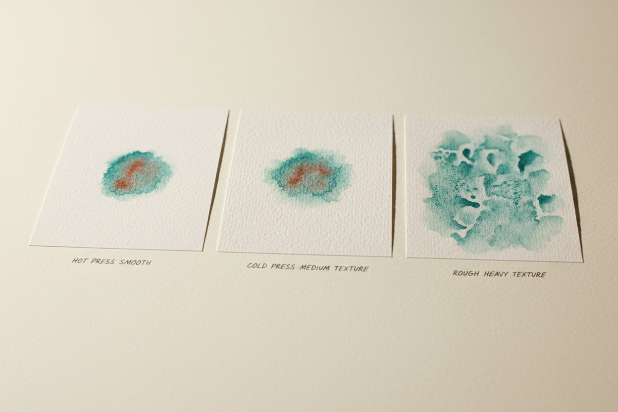 Hot press, cold press and rough watercolour paper sheets with painted swatches on each