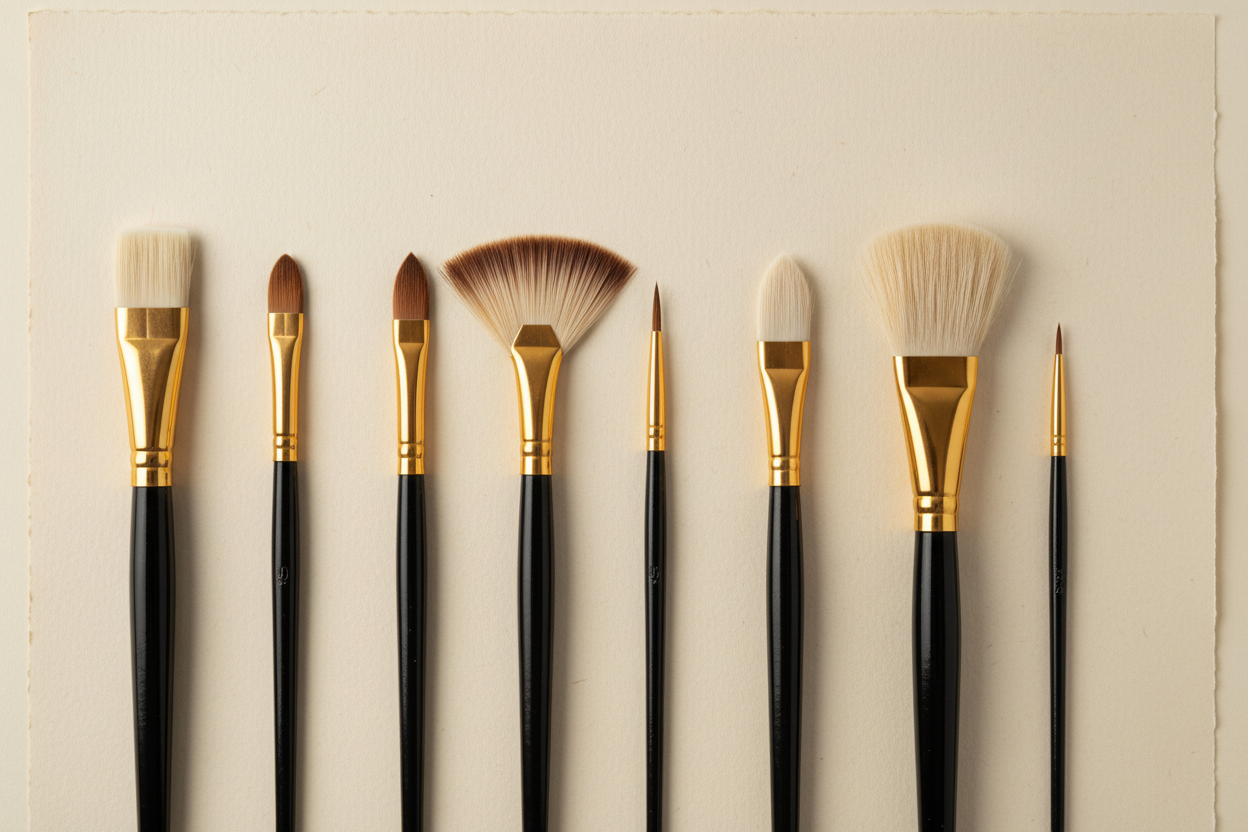 Eight paint brushes lined up: flat, round, filbert, fan, liner, mop, angle and detail
