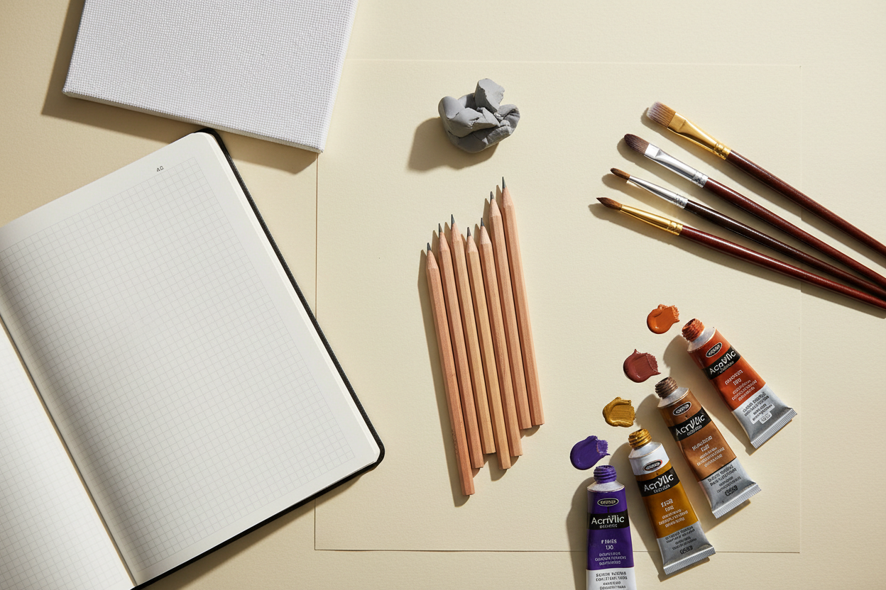 Flat lay of NCEA art kit contents: drawing pencils, taklon brushes, acrylic paint tubes and an A3 pad