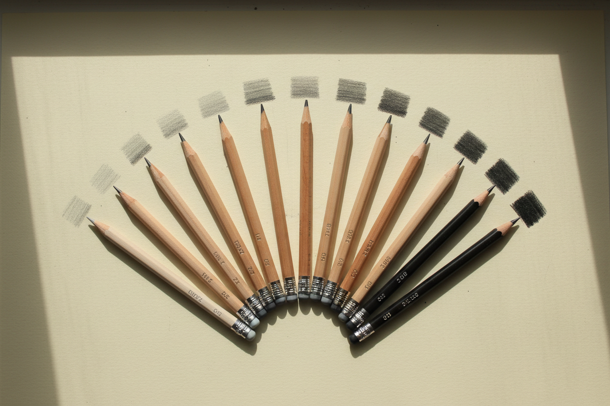 Twelve graphite pencils fanned from 2H to 6B with a shading swatch beside each