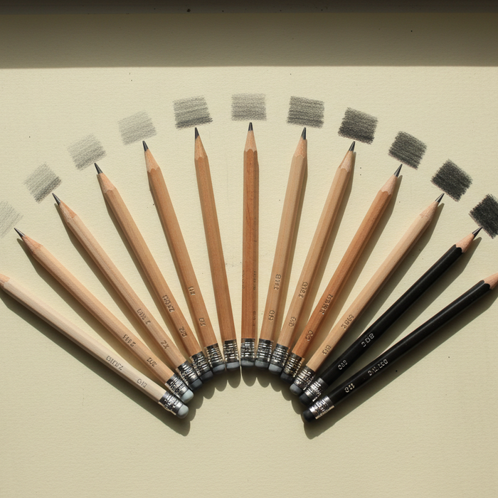 Twelve graphite pencils fanned from 2H to 6B with a shading swatch beside each