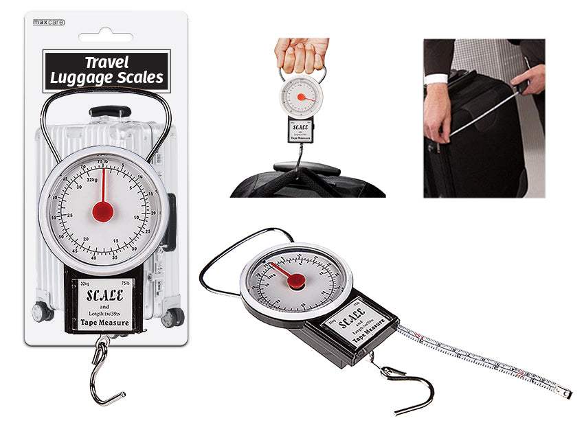 Travel luggage scale with built-in tape measure