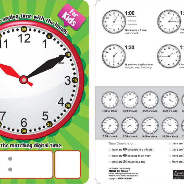 Teaching Time for Kids learning book with a clock face