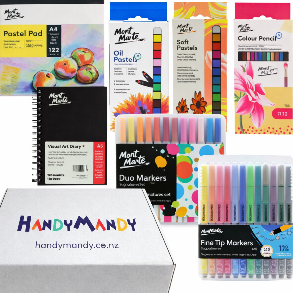 A spread of Mont Marte art supplies — pastels, markers, colour pencils, sketch pads and paints