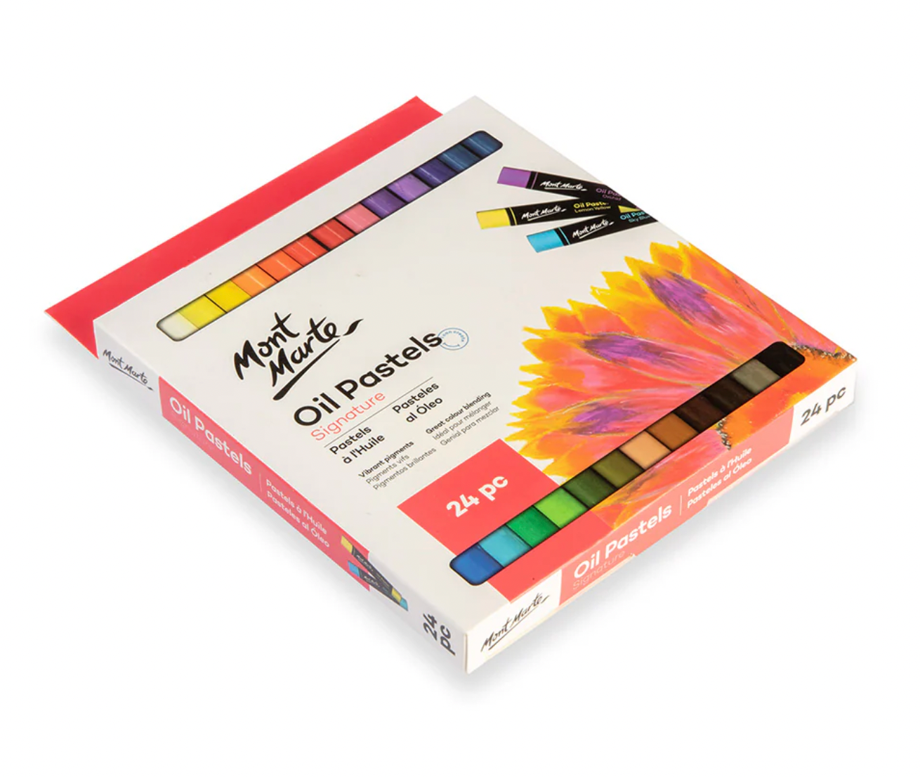 Mont Marte oil pastels, 24 colours laid out in their box