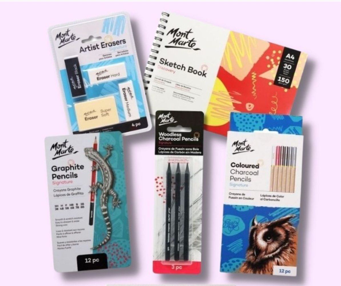 Beginner sketching and drawing set with sketch book, pencils and charcoal