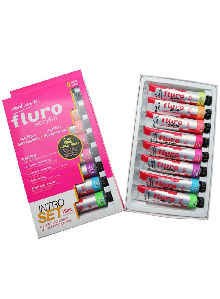 Mont Marte fluro acrylic paint intro set, 8 bright colours