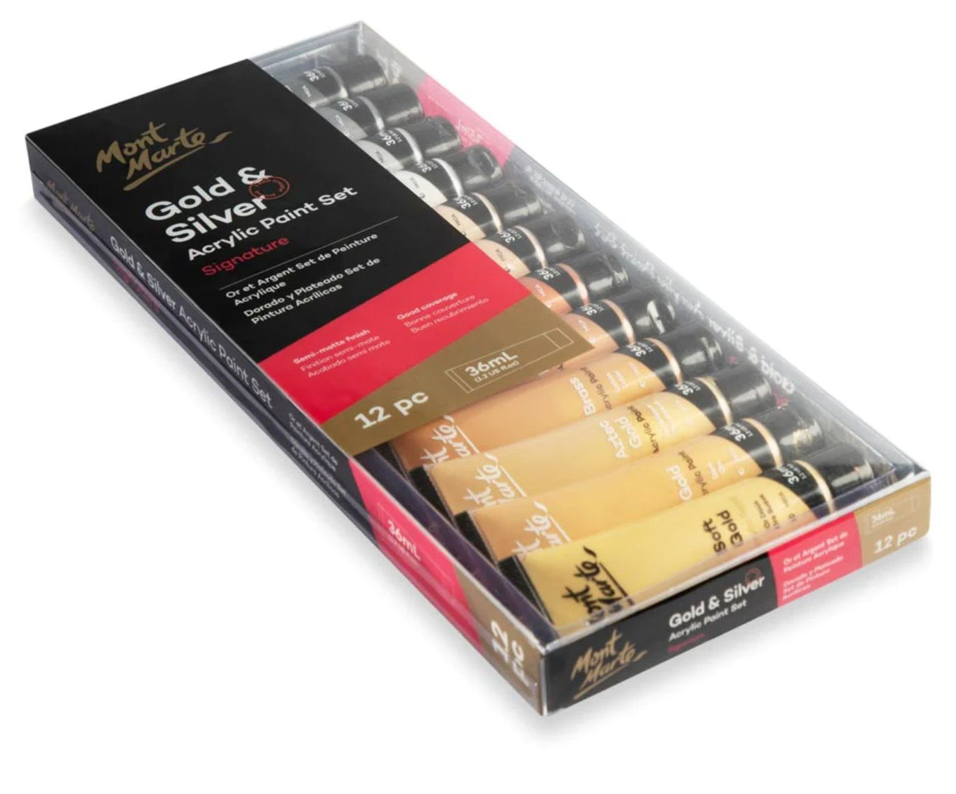 Mont Marte Signature gold and silver acrylic paint set, 12 tubes