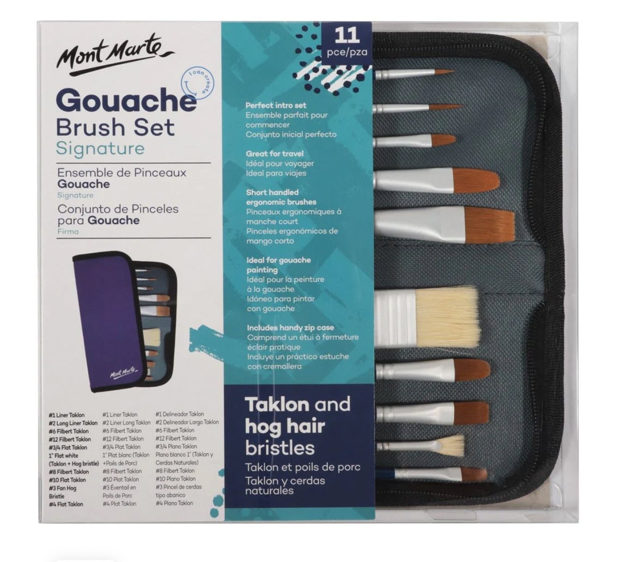 Mont Marte Signature gouache brush set, 11 brushes in a wallet