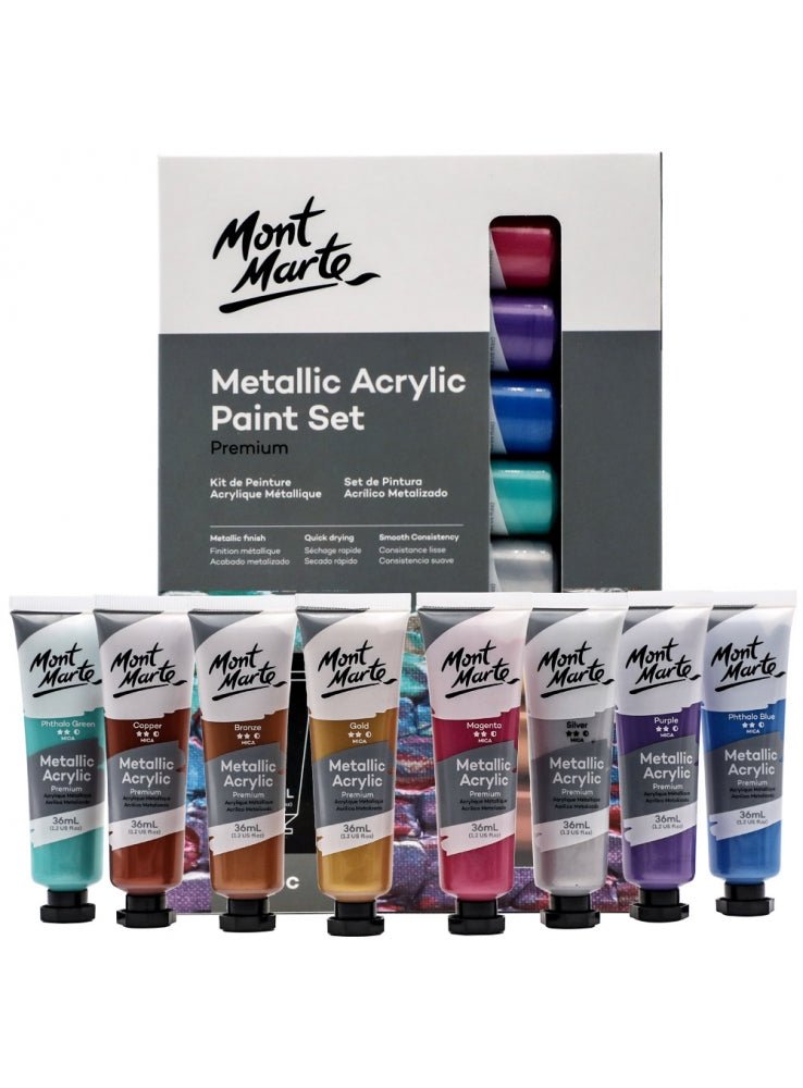 Mont Marte Premium metallic acrylic paint set, eight 36ml tubes