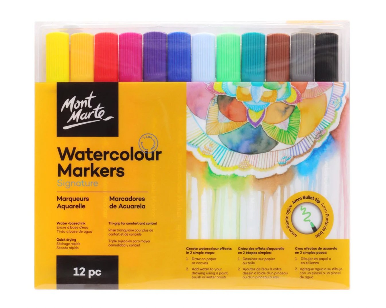 Mont Marte Signature tri-grip watercolour markers, 12 colours