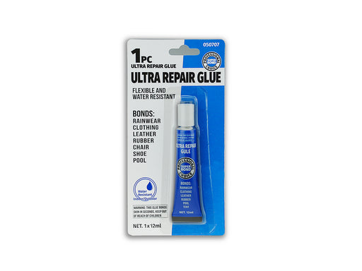 Ultra Repair Glue 12ml — flexible water-resistant multi-material adhesive. Bonds wood, plastic, rubber, fabric, canvas. SKU 050707.
