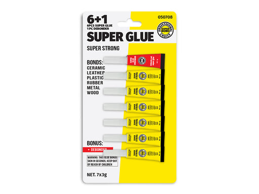 Super Glue 6-Pack Plus Debonder — 6 x 3g cyanoacrylate super glue tubes plus 1 x 3g debonder for accidental bonds. SKU 050708.