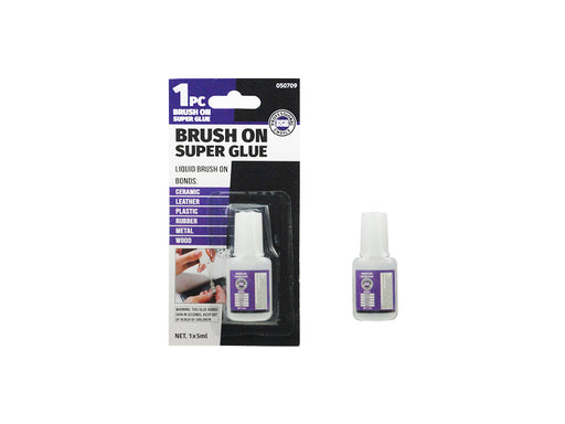 Brush-On Super Glue 5ml — cyanoacrylate with built-in applicator brush. Precision repairs for jewellery, watch parts, model kits. SKU 050709.
