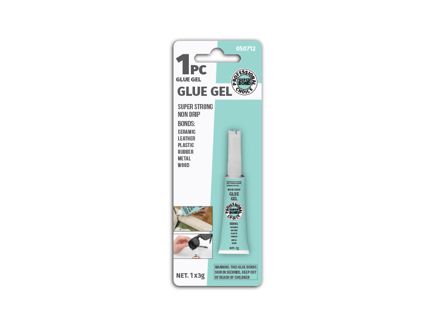 Super Glue Gel 3g — cyanoacrylate gel formula for vertical and porous surfaces. Non-drip, stays where you put it. SKU 050712.