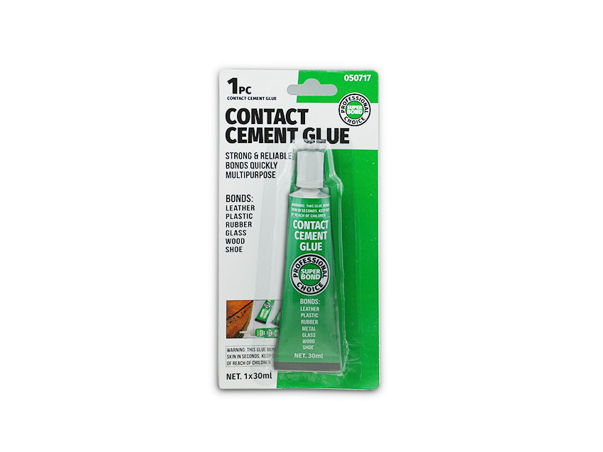 Contact Cement Glue 30ml — heavy-duty neoprene adhesive for laminate, leather, rubber. Apply to both surfaces, press together. SKU 050717.