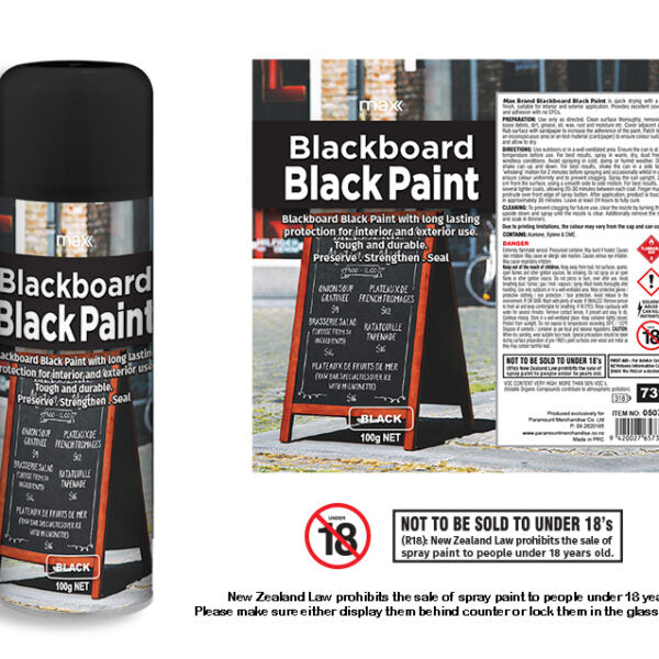 Max Brand Blackboard Black Spray Paint 100g — chalk-friendly DIY chalkboard finish