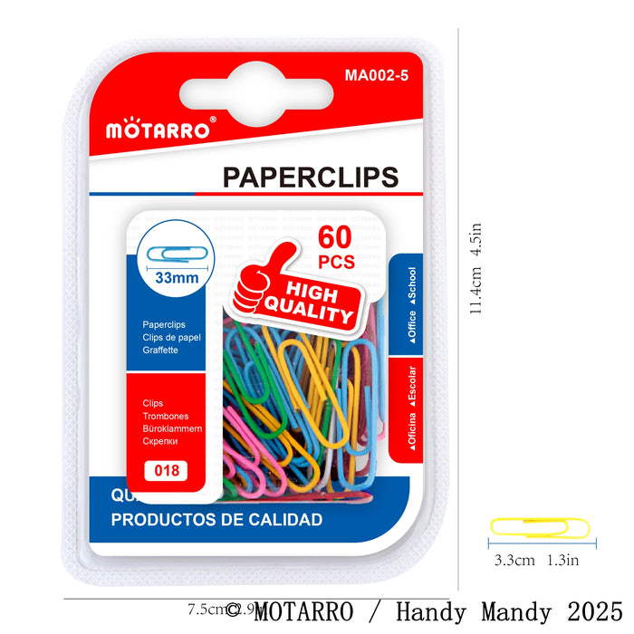 MOTARRO Vinyl-Coated Paperclips (33 mm) – Assorted Colours, 60 Pack