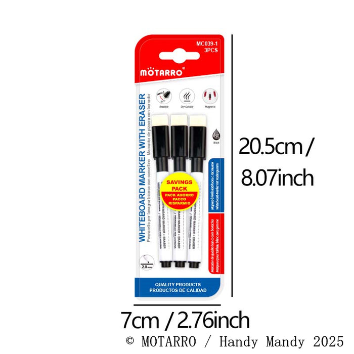 MOTARRO Whiteboard Markers with Eraser – 3 Pack Fine Tip Black | NZ