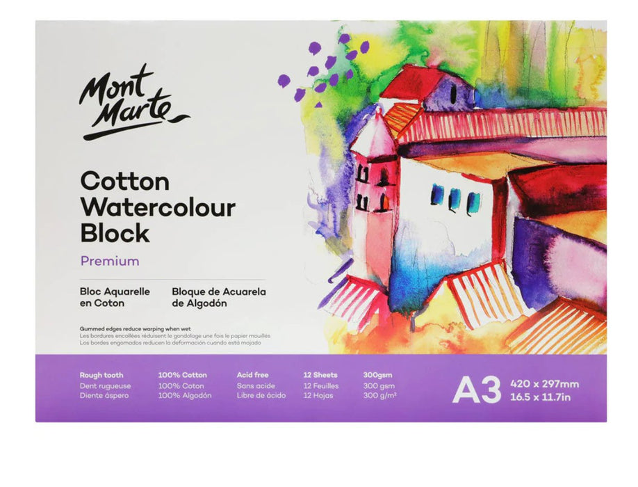 Cotton Watercolour Paper Block Premium 300gsm A3 (16.5 x 11.7in) 12 Sheet - Handy Mandy Craft Store