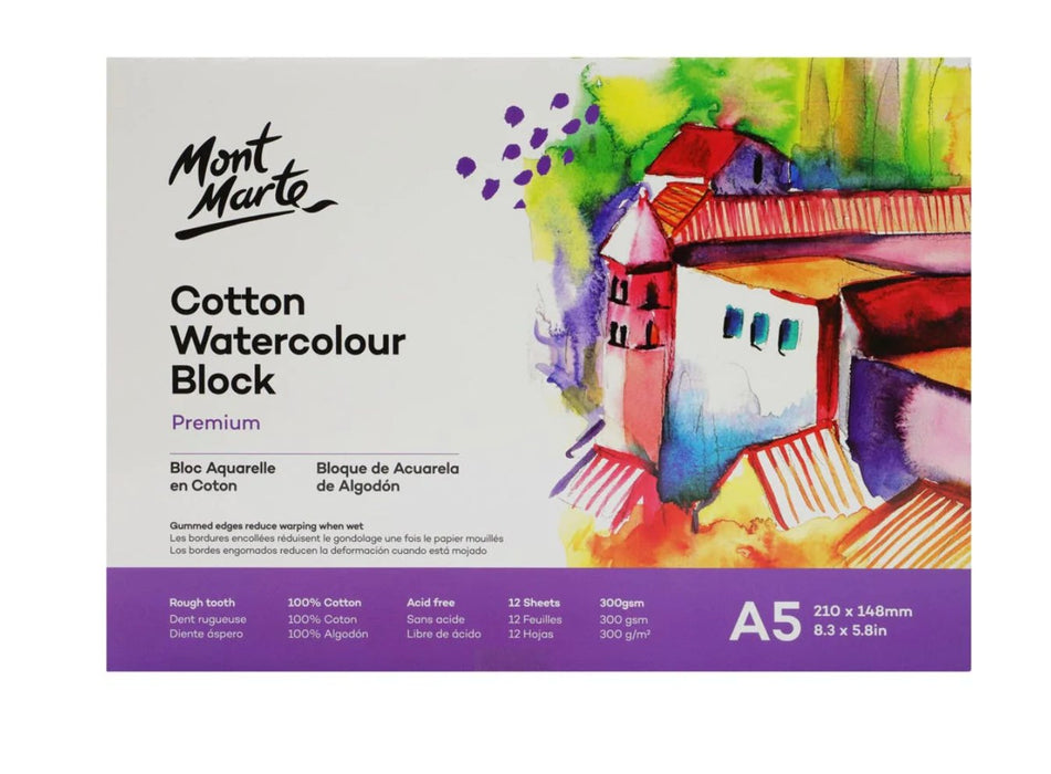 Cotton Watercolour Paper Block Premium 300gsm A5 (8.3 x 5.8in) 12 Sheet - Handy Mandy Craft Store
